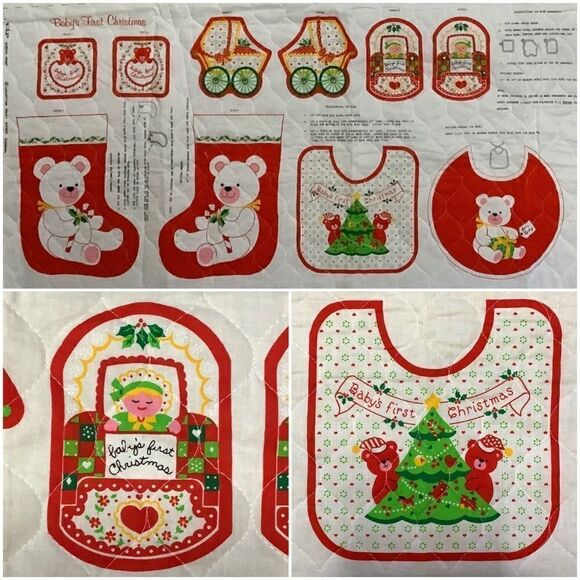 Quilted Fabric Panel 'Baby's First Christmas' Stocking Bibs - Picture 1 of 8